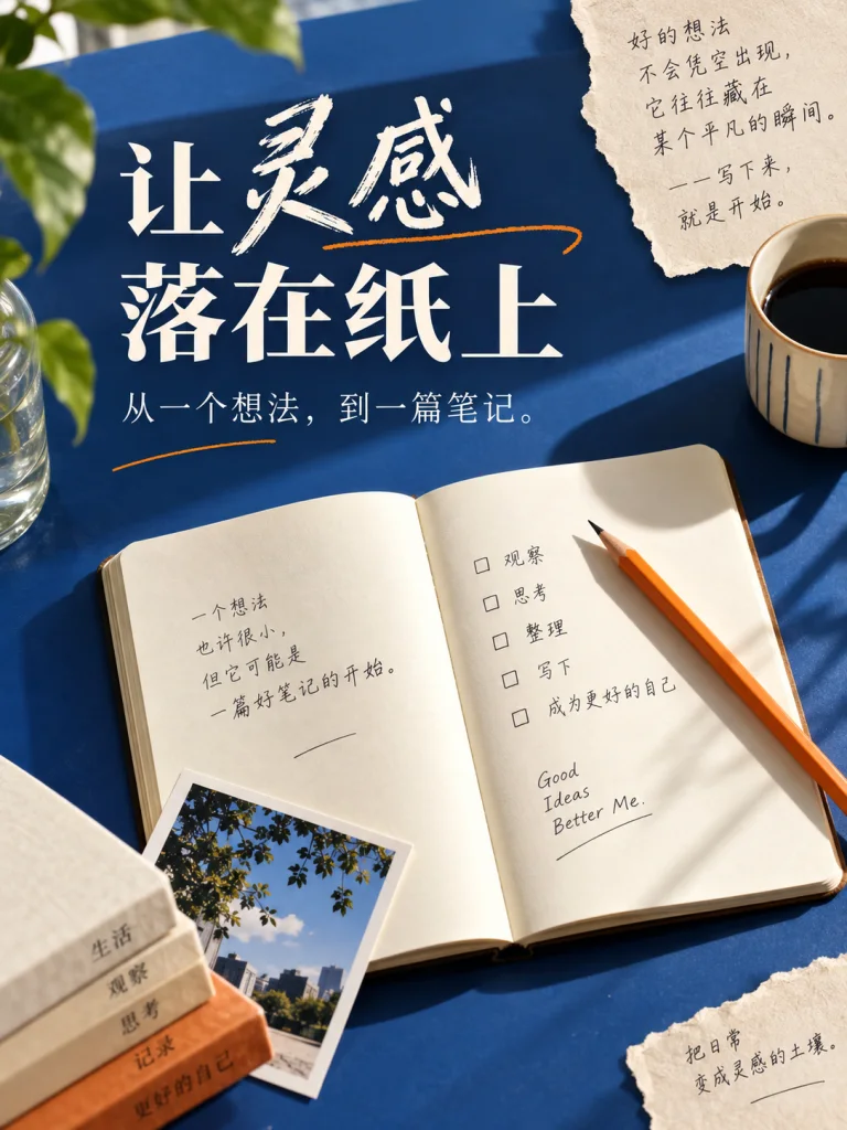 A blue desk and notebook cover with a Chinese headline about putting ideas on paper