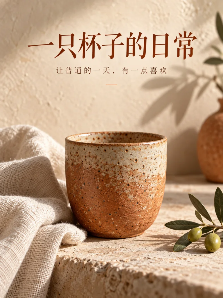 A speckled ceramic cup on linen with the Chinese headline about everyday moments
