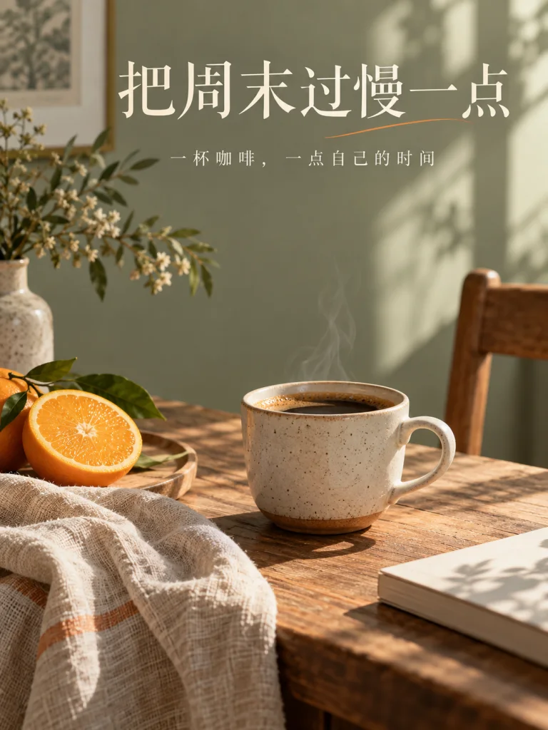 A coffee and citrus lifestyle cover with the Chinese headline about a slower weekend